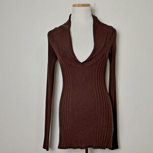 Womens VTG Y2K Chocolate Brown Sweater M Pullover V-Neck Retro Preppy Slim Fit